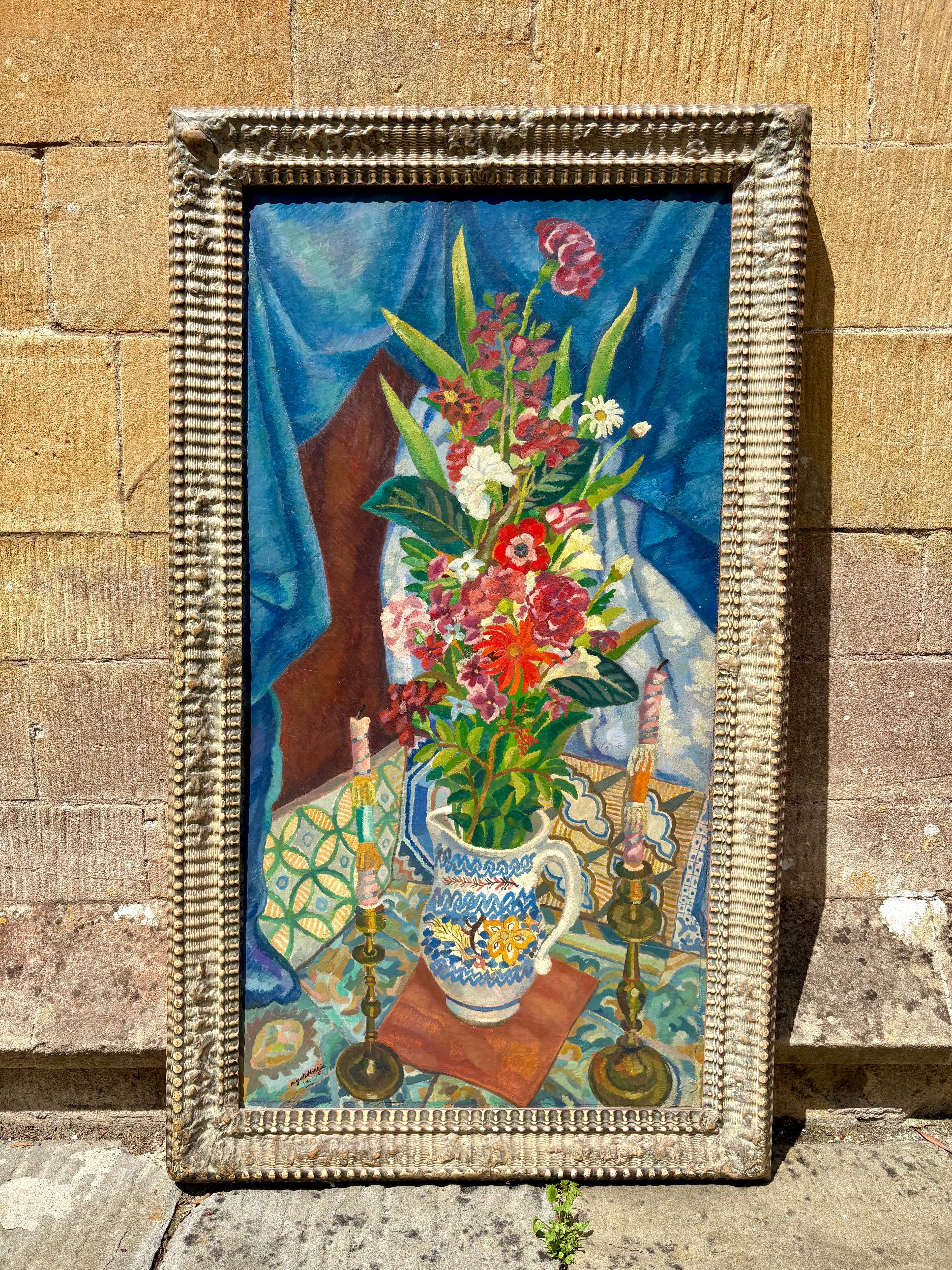 'Still Life with Candlesticks and Jug' - 1940's Oil Painting, Original Gesso Frame