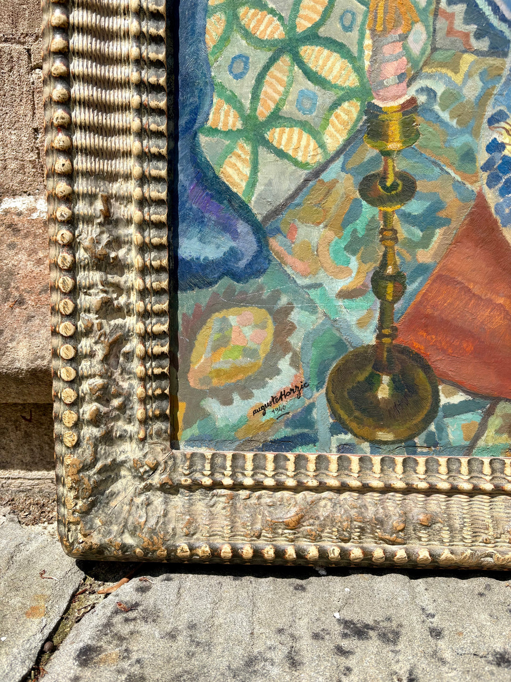 'Still Life with Candlesticks and Jug' - 1940's Oil Painting, Original Gesso Frame