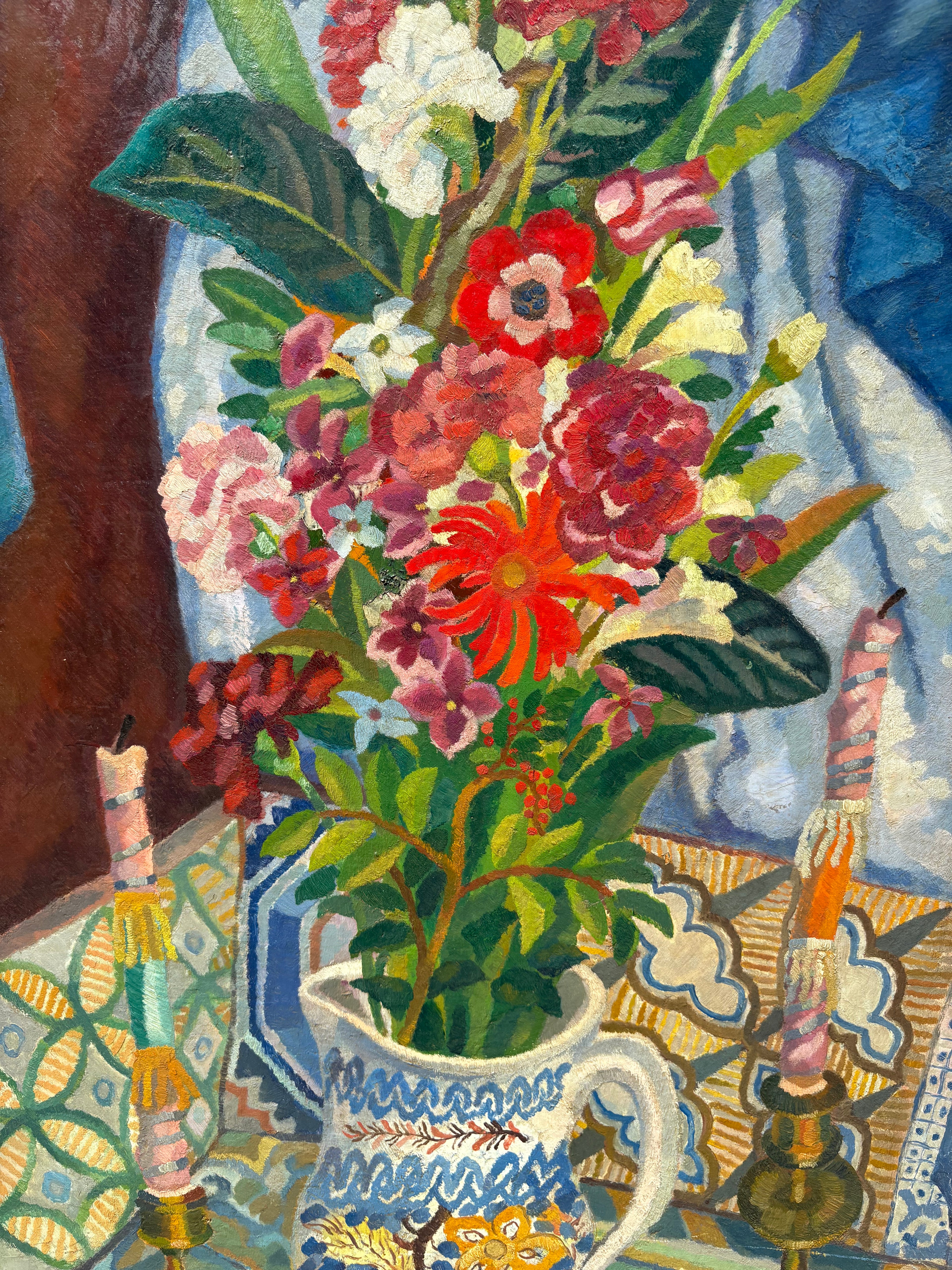 'Still Life with Candlesticks and Jug' - 1940's Oil Painting, Original Gesso Frame