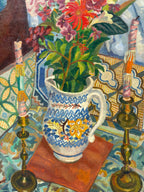 'Still Life with Candlesticks and Jug' - 1940's Oil Painting, Original Gesso Frame