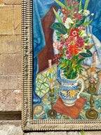 'Still Life with Candlesticks and Jug' - 1940's Oil Painting, Original Gesso Frame