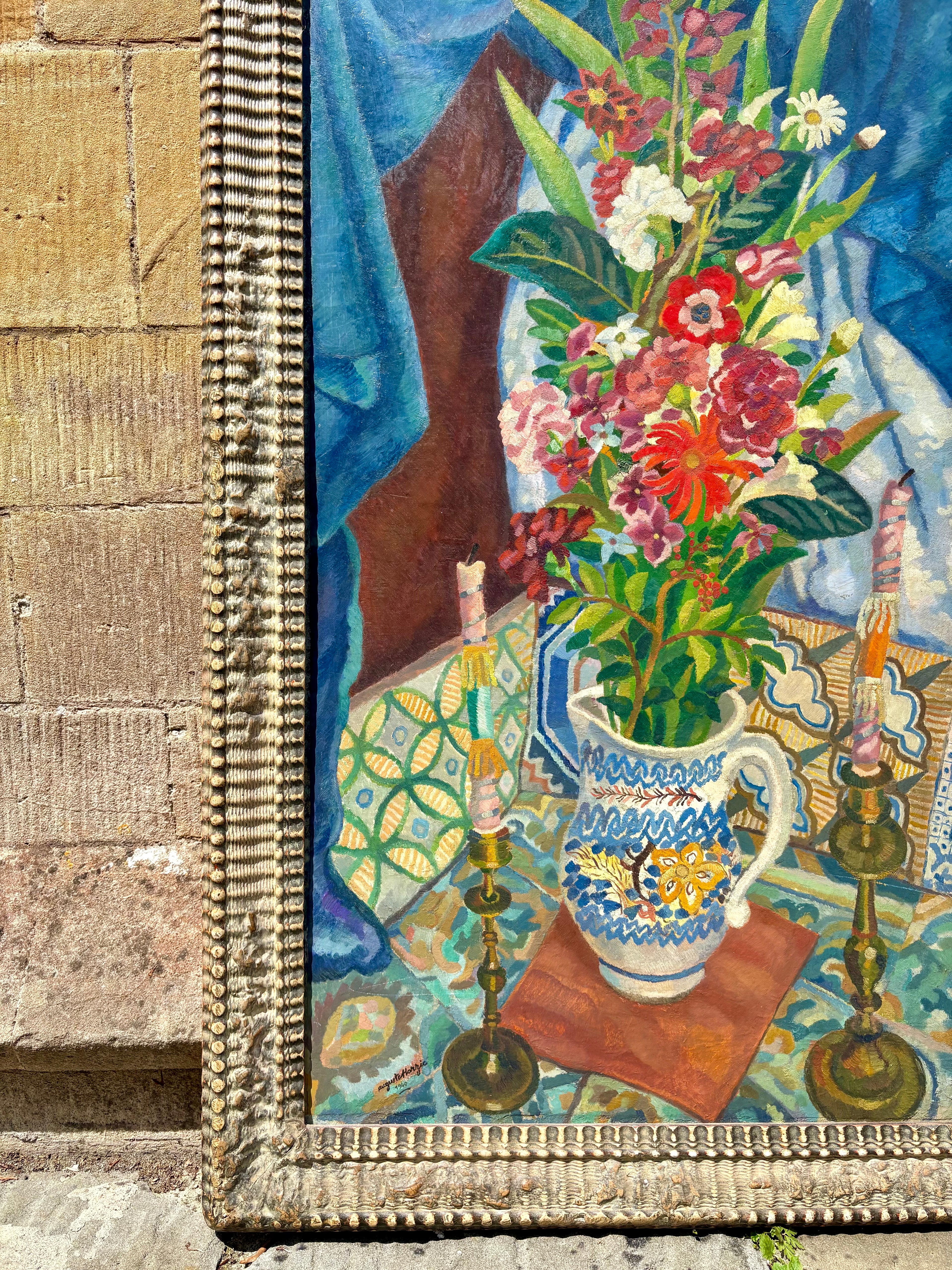 'Still Life with Candlesticks and Jug' - 1940's Oil Painting, Original Gesso Frame