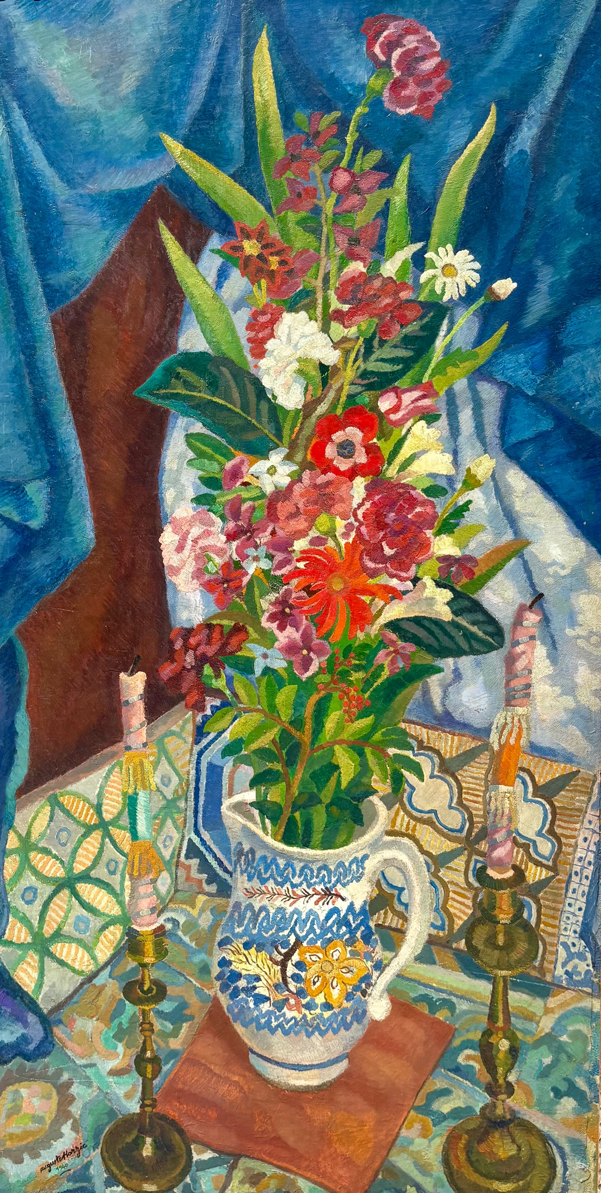 'Still Life with Candlesticks and Jug' - 1940's Oil Painting, Original Gesso Frame