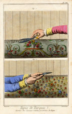 'Turkish Carpet', Mid 18th-Century Hand-Coloured Engraving of Hands at Work, Framed