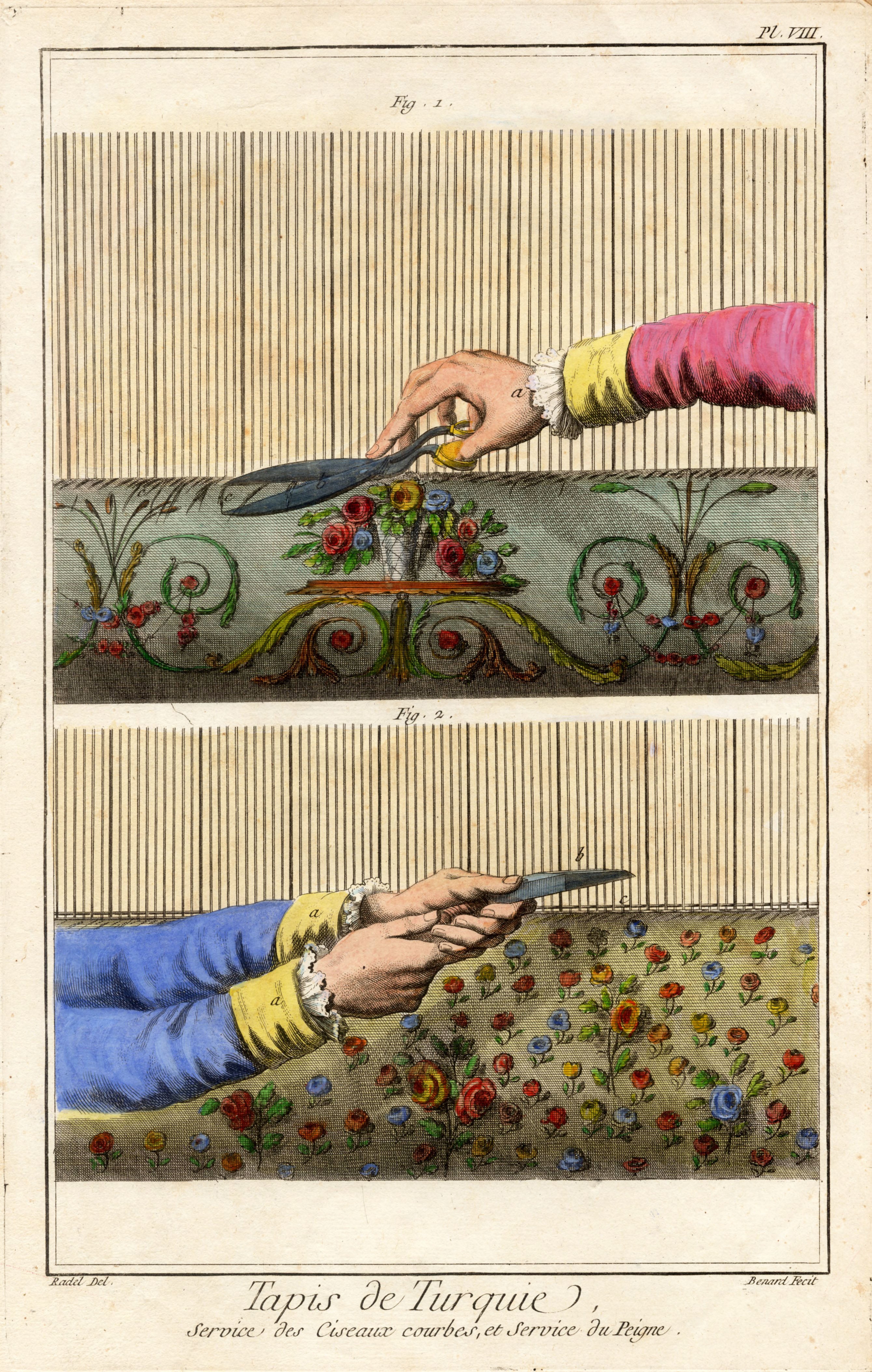 'Turkish Carpet', Mid 18th-Century Hand-Coloured Engraving of Hands at Work, Framed
