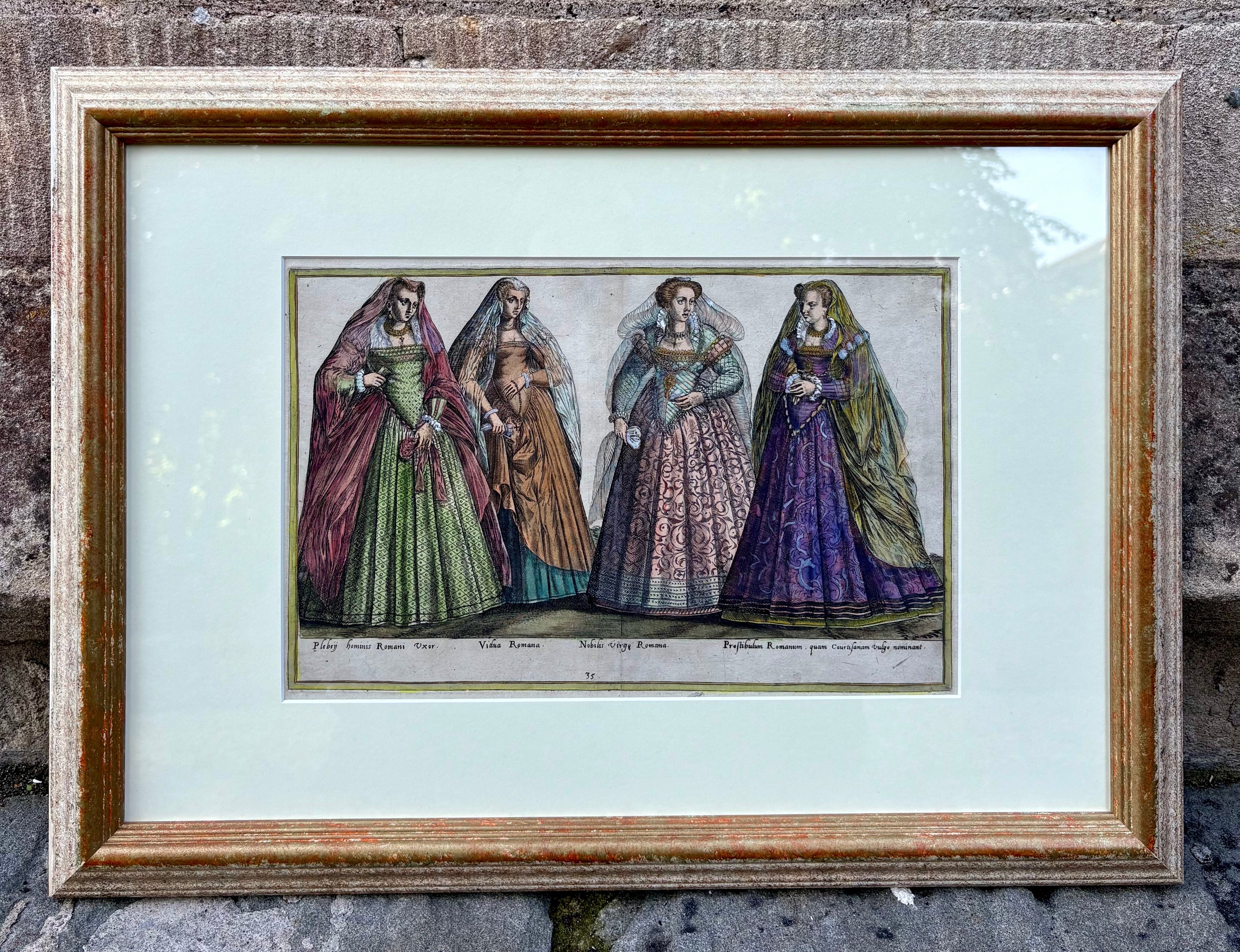 'Common Woman, Widow, Noble and Courtesan' - 16th-Century Engraving of The Four Women of Rome, Framed